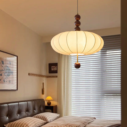 Modern Mid-Century Metal Wood Fabric Circular 3/4-Light Pendant Light For Living Room