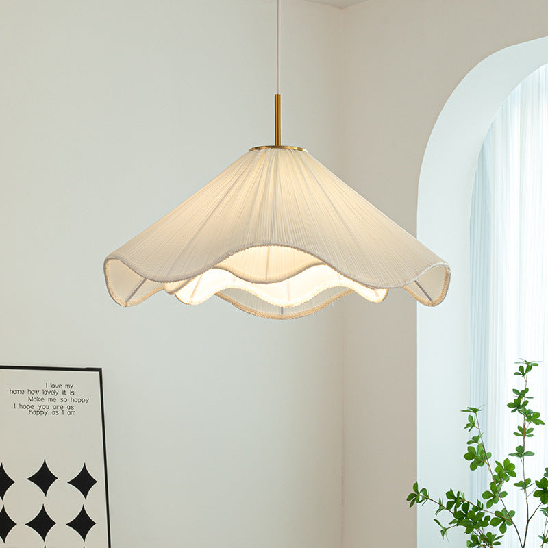 Contemporary Nordic Fabric & Iron Pleated Cone 1-Light Pendant Light For Bedroom, Living Room & Dining Room
