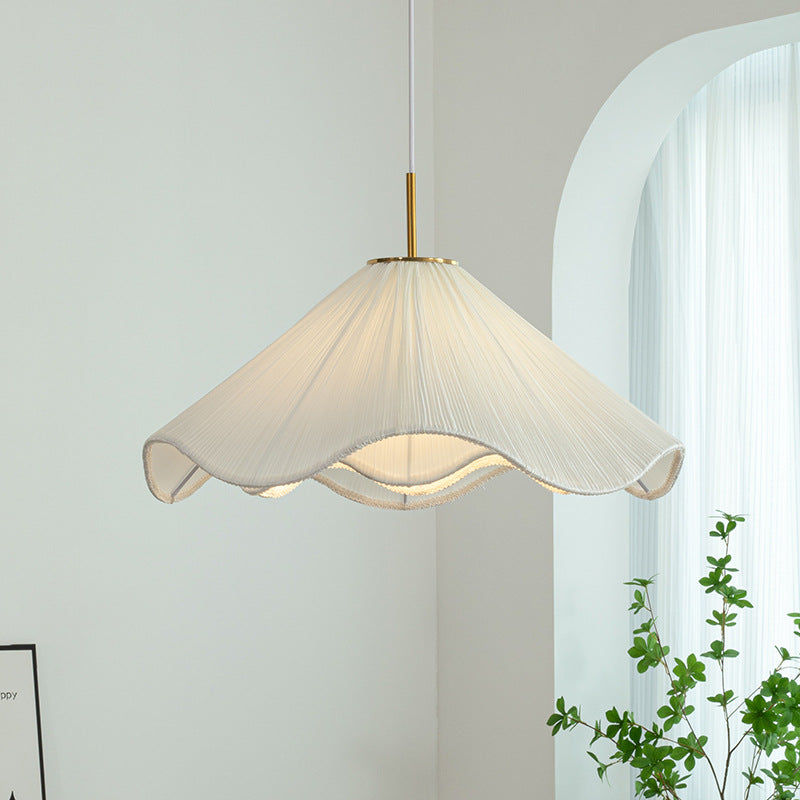 Contemporary Nordic Fabric & Iron Pleated Cone 1-Light Pendant Light For Bedroom, Living Room & Dining Room