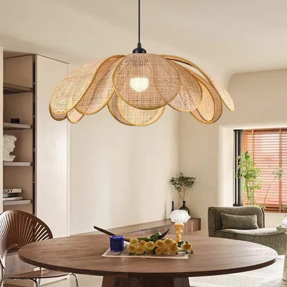 Traditional Japanese Rattan Petal 1-Light Pendant Light With Adjustable Cord For Dining Room, Bedroom & Living Room