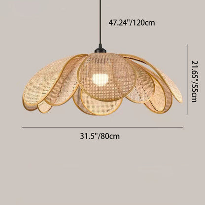 Traditional Japanese Rattan Petal 1-Light Pendant Light With Adjustable Cord For Dining Room, Bedroom & Living Room
