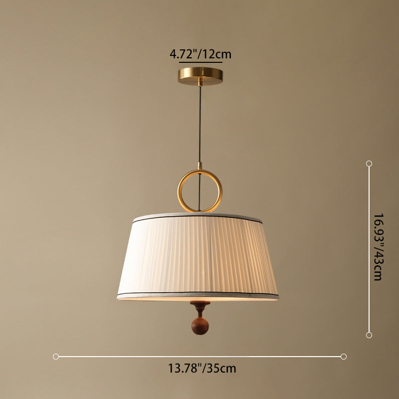 Traditional Vintage Fabric Ash Wood Hardware Pleated Round 1-Light Chandelier For Bedroom & Living Room