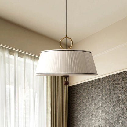 Traditional Vintage Fabric Ash Wood Hardware Pleated Round 1-Light Chandelier For Bedroom & Living Room