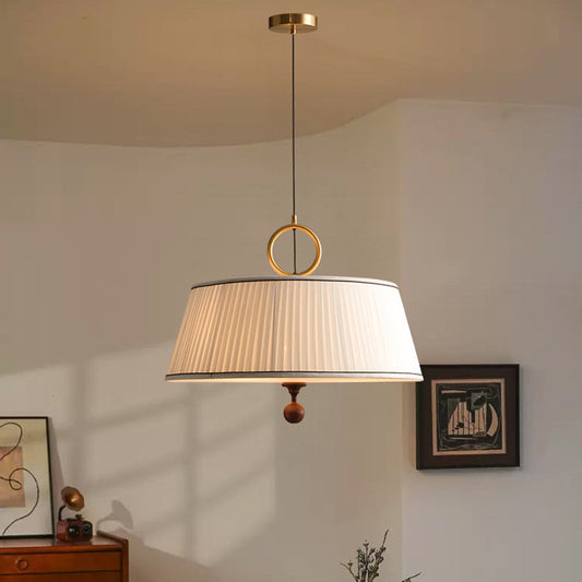 Traditional Vintage Fabric Ash Wood Hardware Pleated Round 1-Light Chandelier For Bedroom & Living Room