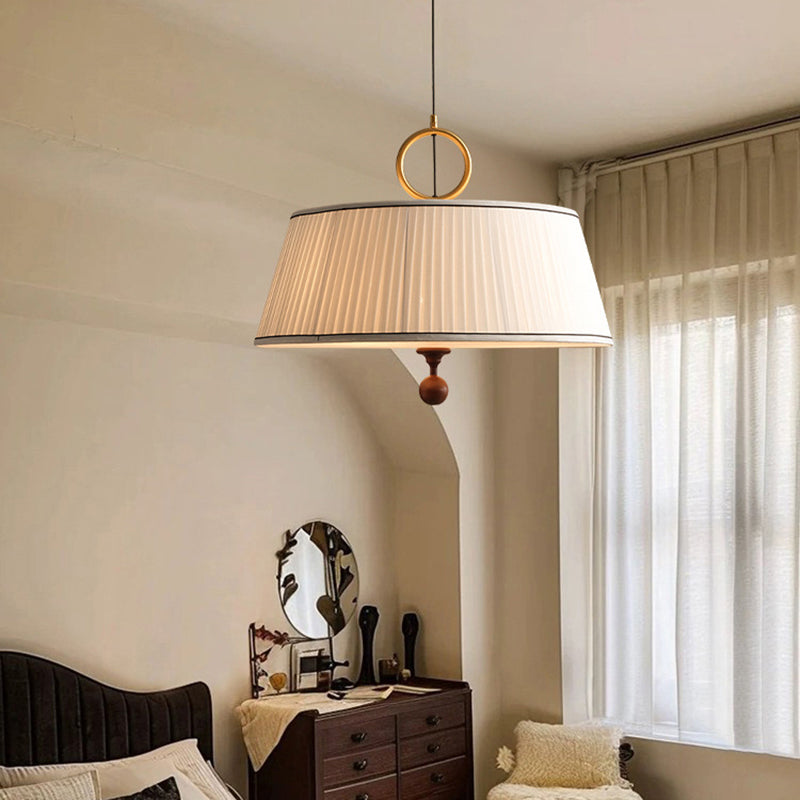 Traditional Vintage Fabric Ash Wood Hardware Pleated Round 1-Light Chandelier For Bedroom & Living Room