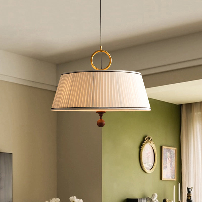 Traditional Vintage Fabric Ash Wood Hardware Pleated Round 1-Light Chandelier For Bedroom & Living Room