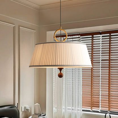 Traditional Vintage Fabric Ash Wood Hardware Pleated Round 1-Light Chandelier For Bedroom & Living Room