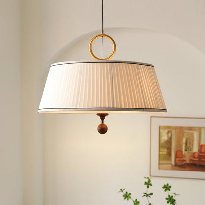 Traditional Vintage Fabric Ash Wood Hardware Pleated Round 1-Light Chandelier For Bedroom & Living Room