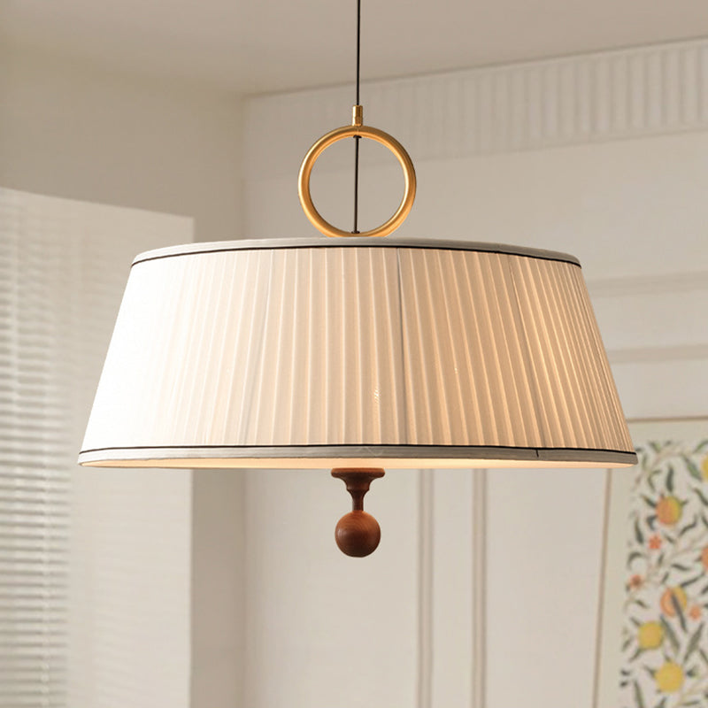 Traditional Vintage Fabric Ash Wood Hardware Pleated Round 1-Light Chandelier For Bedroom & Living Room