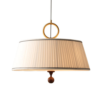 Traditional Vintage Fabric Ash Wood Hardware Pleated Round 1-Light Chandelier For Bedroom & Living Room