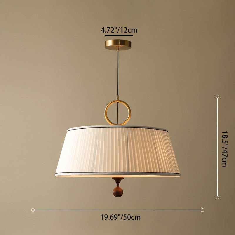 Traditional Vintage Fabric Ash Wood Hardware Pleated Round 1-Light Chandelier For Bedroom & Living Room