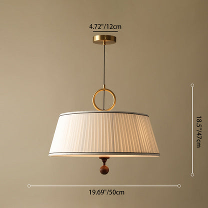 Traditional Vintage Fabric Ash Wood Hardware Pleated Round 1-Light Chandelier For Bedroom & Living Room