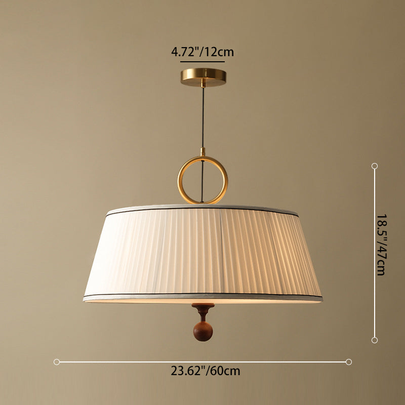 Traditional Vintage Fabric Ash Wood Hardware Pleated Round 1-Light Chandelier For Bedroom & Living Room