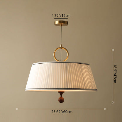 Traditional Vintage Fabric Ash Wood Hardware Pleated Round 1-Light Chandelier For Bedroom & Living Room