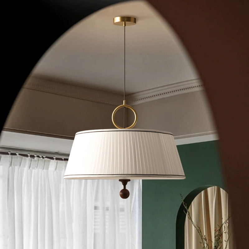 Traditional Vintage Fabric Ash Wood Hardware Pleated Round 1-Light Chandelier For Bedroom & Living Room