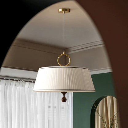 Traditional Vintage Fabric Ash Wood Hardware Pleated Round 1-Light Chandelier For Bedroom & Living Room
