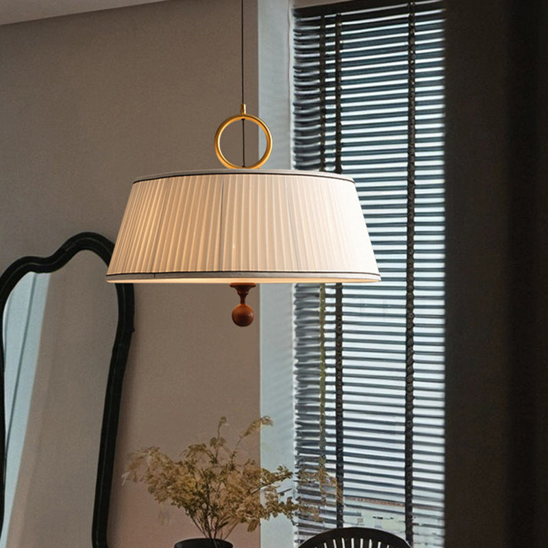 Traditional Vintage Fabric Ash Wood Hardware Pleated Round 1-Light Chandelier For Bedroom & Living Room