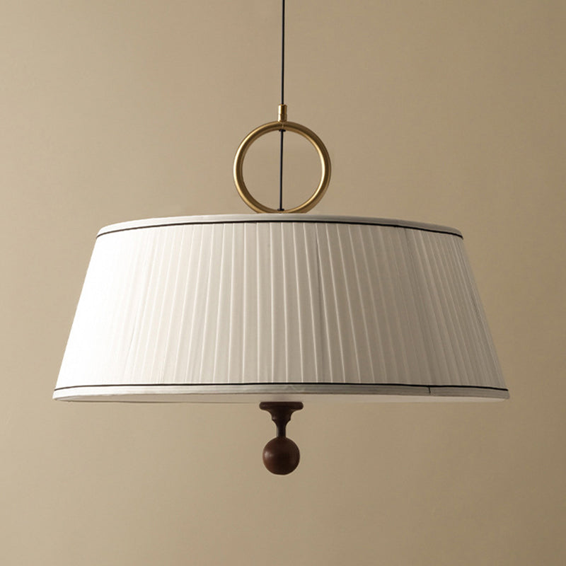 Traditional Vintage Fabric Ash Wood Hardware Pleated Round 1-Light Chandelier For Bedroom & Living Room