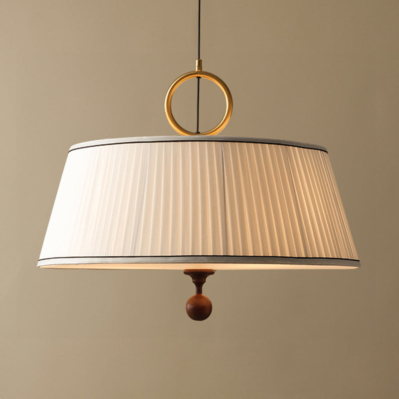 Traditional Vintage Fabric Ash Wood Hardware Pleated Round 1-Light Chandelier For Bedroom & Living Room