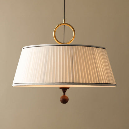 Traditional Vintage Fabric Ash Wood Hardware Pleated Round 1-Light Chandelier For Bedroom & Living Room