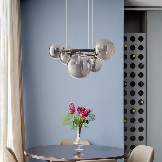Contemporary Scandinavian Glass Iron Round Orb 5/7/9-Light Chandelier For Bedroom & Living Room