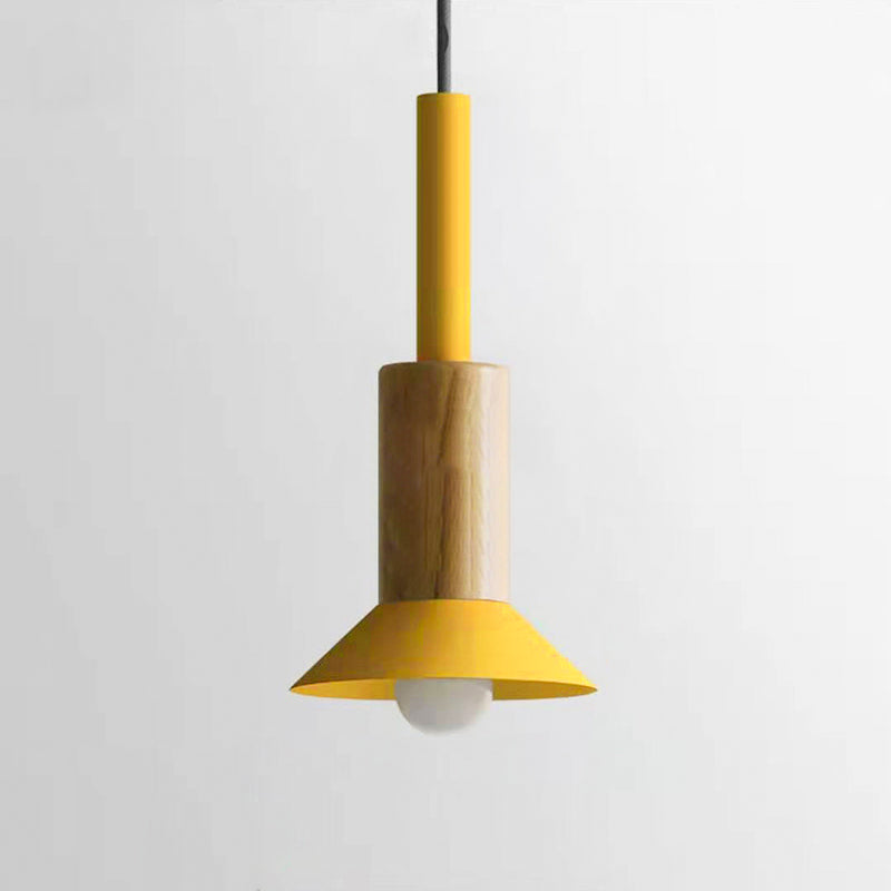 Contemporary Scandinavian Irregular Round Cylinder Iron Wood 1-Light Pendant Light For Living Room