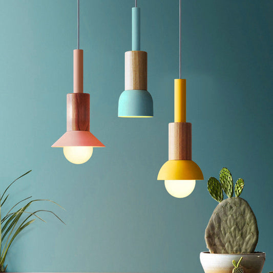 Contemporary Scandinavian Irregular Round Cylinder Iron Wood 1-Light Pendant Light For Living Room