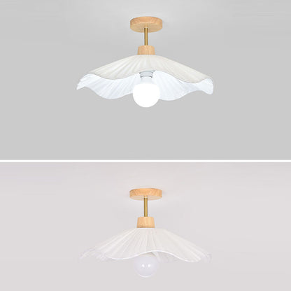 Modern Minimalist Round Flower Wooden Fabric Shade 1-Light Semi-Flush Mount Ceiling Light For Living Room