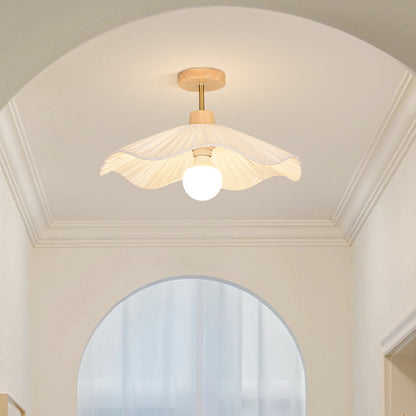 Modern Minimalist Round Flower Wooden Fabric Shade 1-Light Semi-Flush Mount Ceiling Light For Living Room