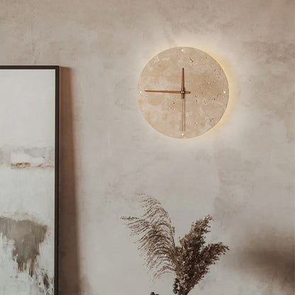 Modern Minimalist Round Clock Yellow Travertine Wooden Slat LED Wall Sconce Lamp For Living Room