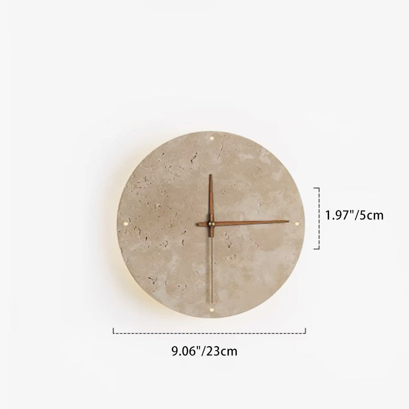 Modern Minimalist Round Clock Yellow Travertine Wooden Slat LED Wall Sconce Lamp For Living Room