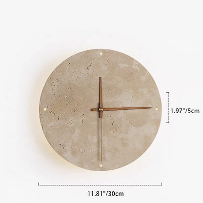 Modern Minimalist Round Clock Yellow Travertine Wooden Slat LED Wall Sconce Lamp For Living Room