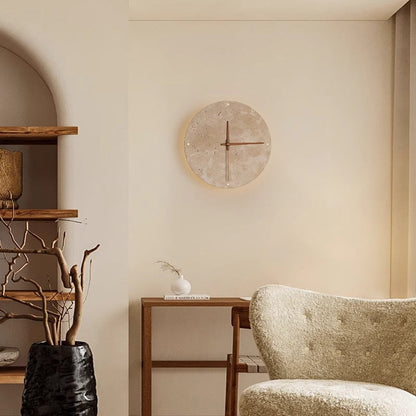 Modern Minimalist Round Clock Yellow Travertine Wooden Slat LED Wall Sconce Lamp For Living Room