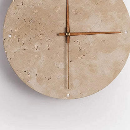 Modern Minimalist Round Clock Yellow Travertine Wooden Slat LED Wall Sconce Lamp For Living Room