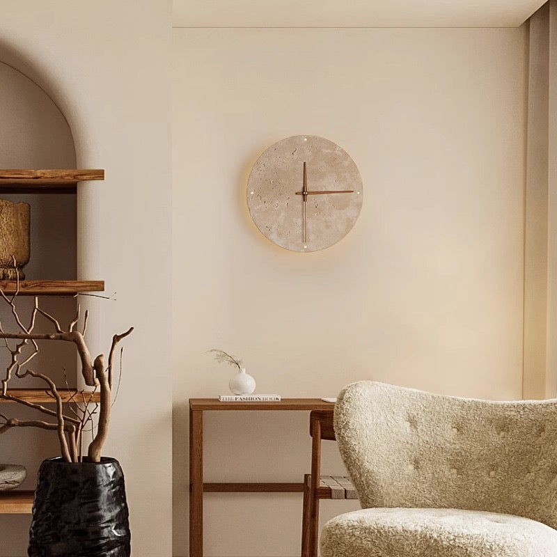 Modern Minimalist Round Clock Yellow Travertine Wooden Slat LED Wall Sconce Lamp For Living Room