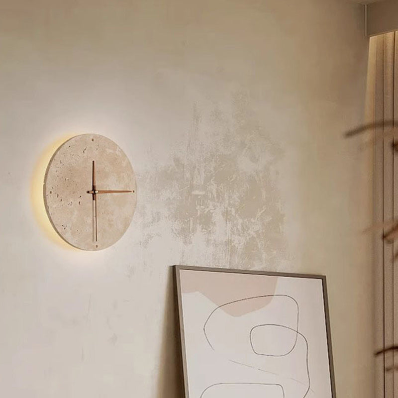 Modern Minimalist Round Clock Yellow Travertine Wooden Slat LED Wall Sconce Lamp For Living Room