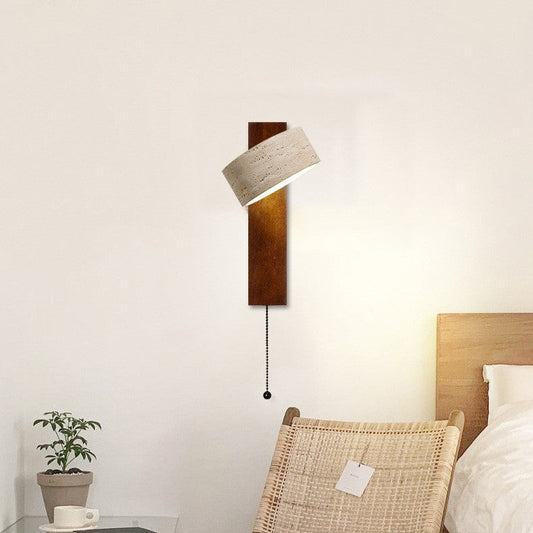 Traditional Japanese Rectangle Round Yellow Travertine Solid Wood 1-Light Wall Sconce Lamp For Bedroom