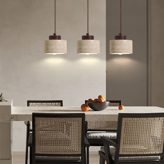 Traditional Vintage Cylinder Wood Travertine 1-Light Pendant Light For Bedroom