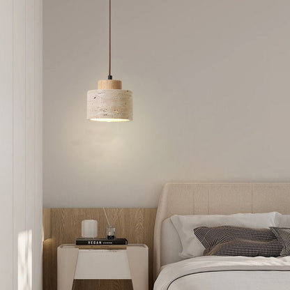 Traditional Vintage Cylinder Wood Travertine 1-Light Pendant Light For Bedroom
