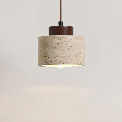 Traditional Vintage Cylinder Wood Travertine 1-Light Pendant Light For Bedroom