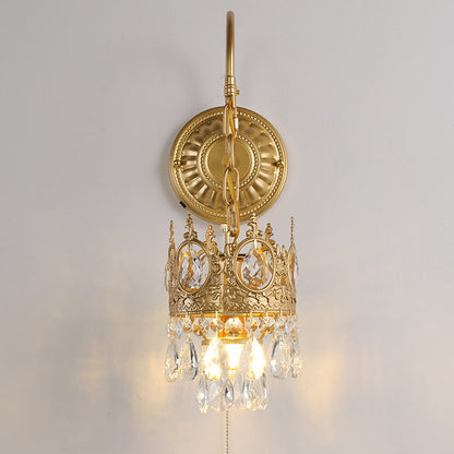 Traditional French Round Crown Iron Crystal 1-Light Wall Sconce Lamp For Living Room