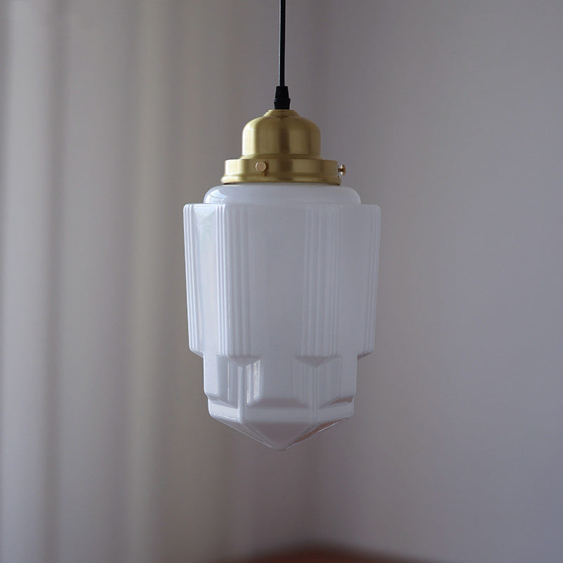 Traditional Vintage Round Cylinder Pagoda Shape Brass Glass 1-Light Pendant Light For Living Room