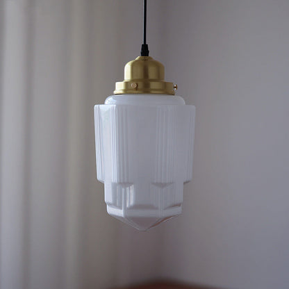 Traditional Vintage Round Cylinder Pagoda Shape Brass Glass 1-Light Pendant Light For Living Room