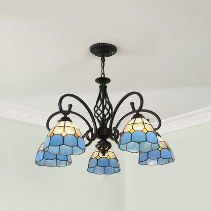 Traditional Tiffany Conical Stained Glass Iron Hardware 3/5/6/8-Light Chandelier For Living Room
