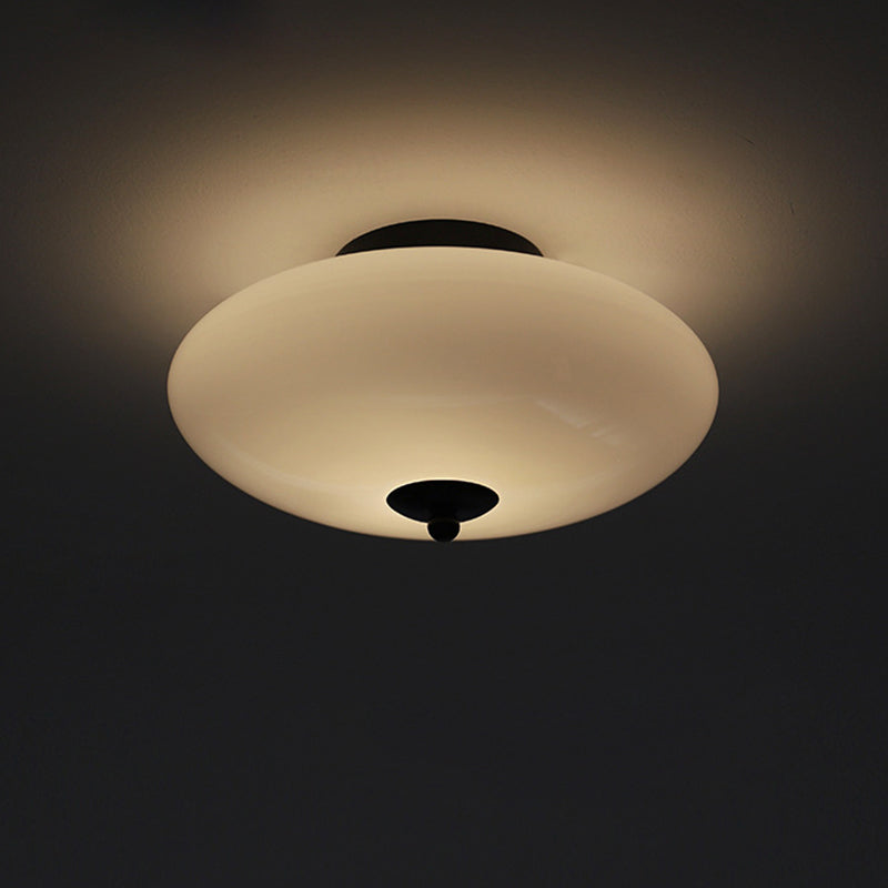 Modern Art Deco Drum Opal Iron Glass LED Semi-Flush Mount Ceiling Light For Bedroom