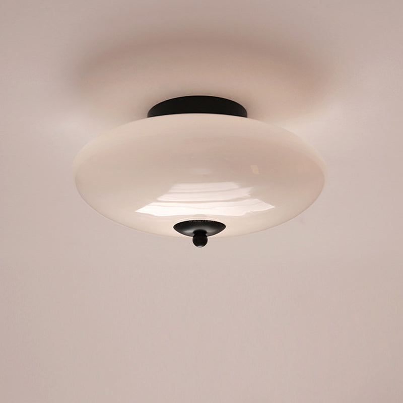 Modern Art Deco Drum Opal Iron Glass LED Semi-Flush Mount Ceiling Light For Bedroom