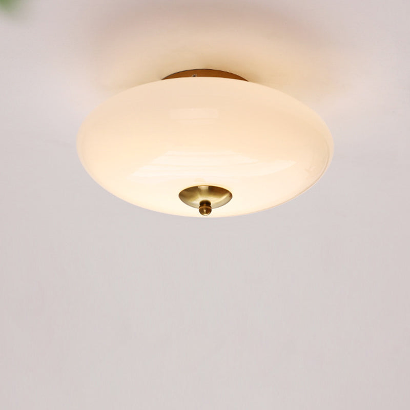 Modern Art Deco Drum Opal Iron Glass LED Semi-Flush Mount Ceiling Light For Bedroom