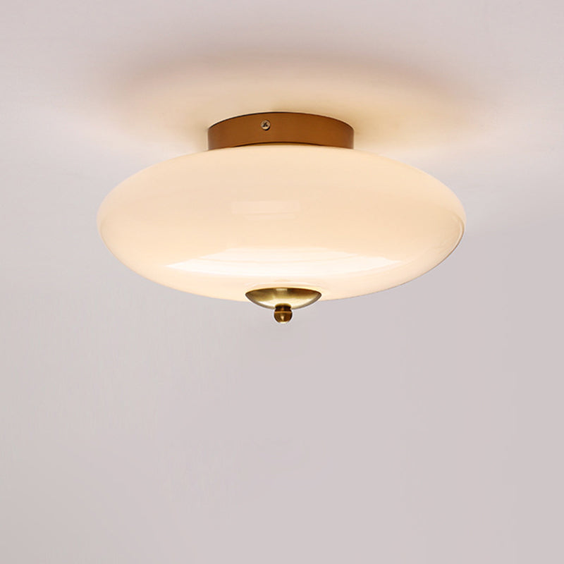 Modern Art Deco Drum Opal Iron Glass LED Semi-Flush Mount Ceiling Light For Bedroom