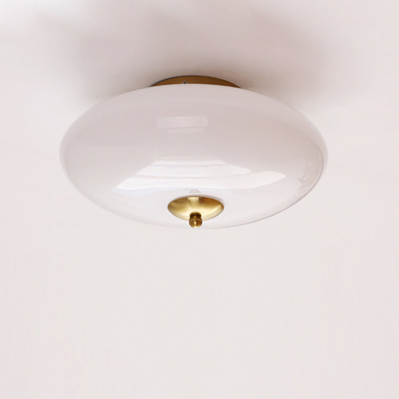 Modern Art Deco Drum Opal Iron Glass LED Semi-Flush Mount Ceiling Light For Bedroom