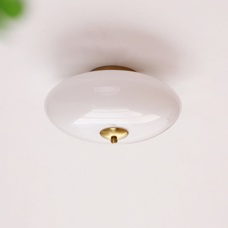 Modern Art Deco Drum Opal Iron Glass LED Semi-Flush Mount Ceiling Light For Bedroom